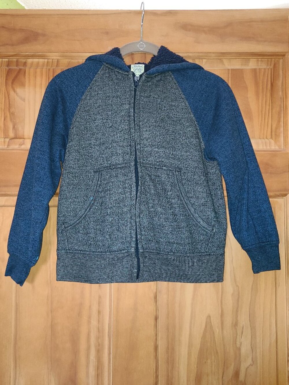 Boys Faded Glory Blue/Gray Fleece Lined Zip Up Hooded Jacket
